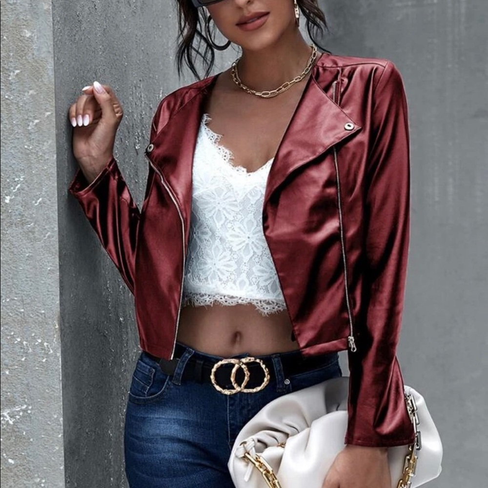 Vegan leather Moto motorcycle jacket maroon red - Picture 1 of 6